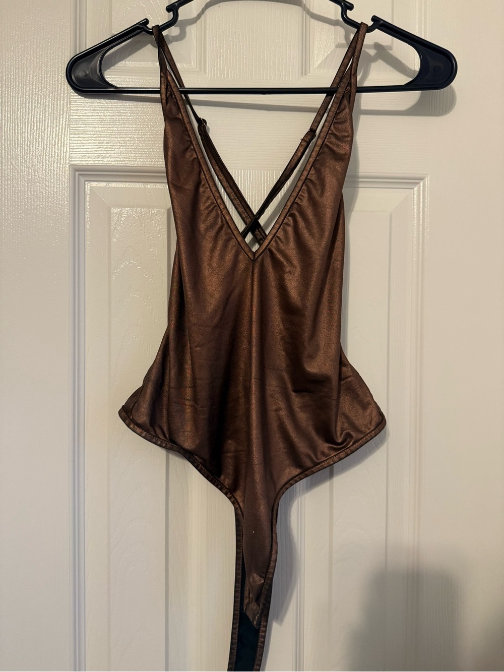 Fashion Nova Brown Satin V-Neck Bodysuit